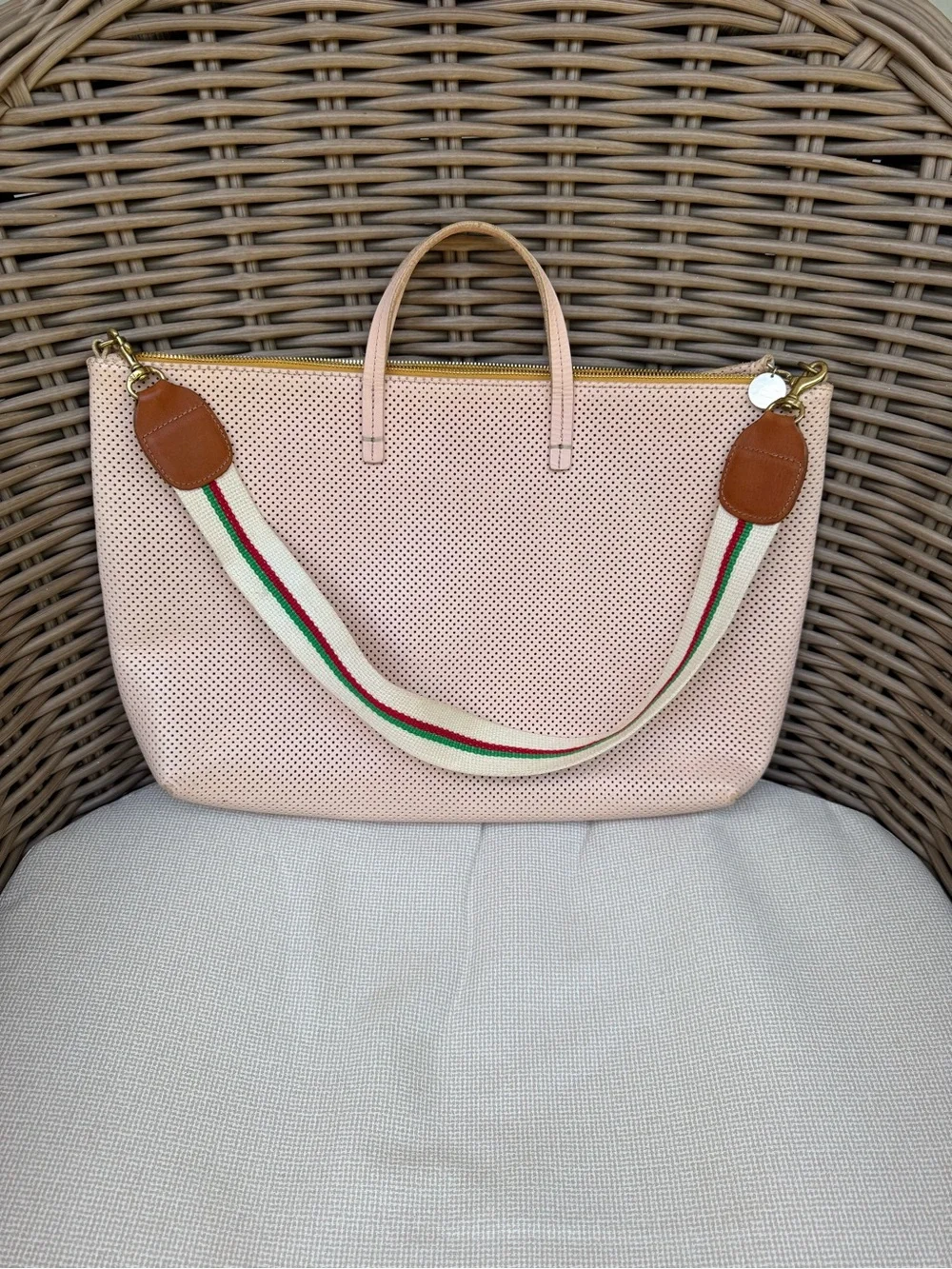 Clare V Blush Pink Perforated Tote with Striped Shoulder Strap - Picture 3 of 14